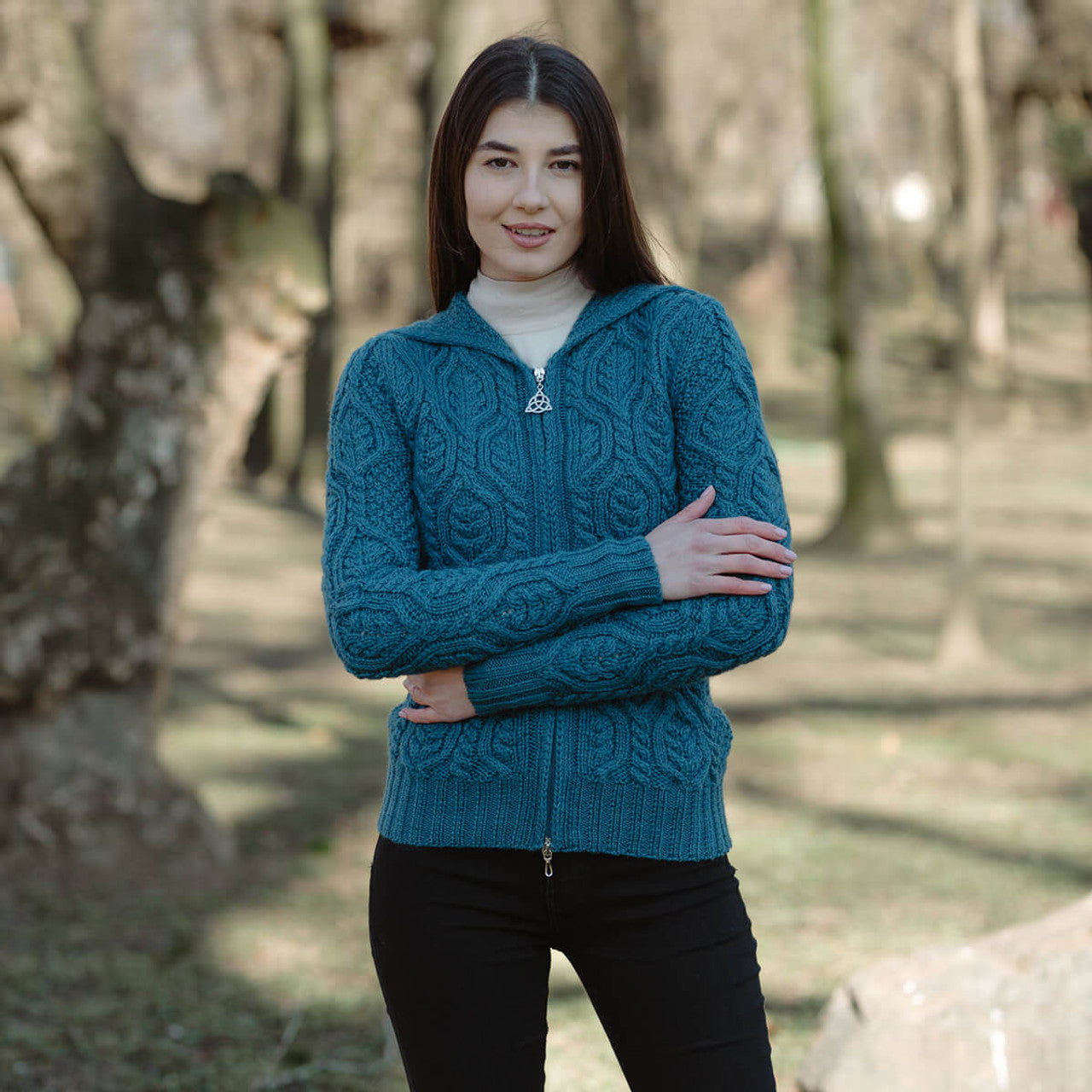 Aran double zipper hooded cardigan