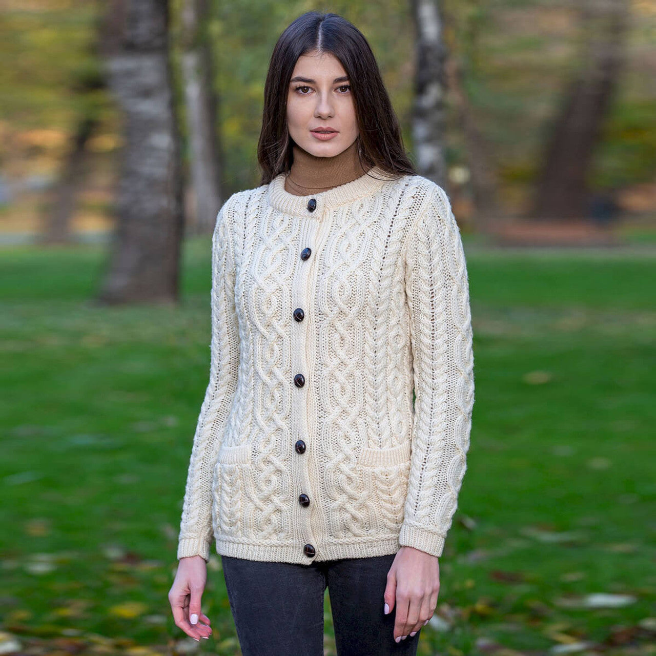 Ladies Aran Button Cardigan