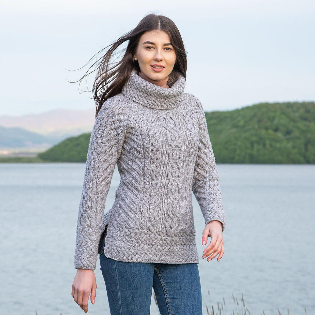 Aran Fisherman Wool Funnel Neck Sweater
