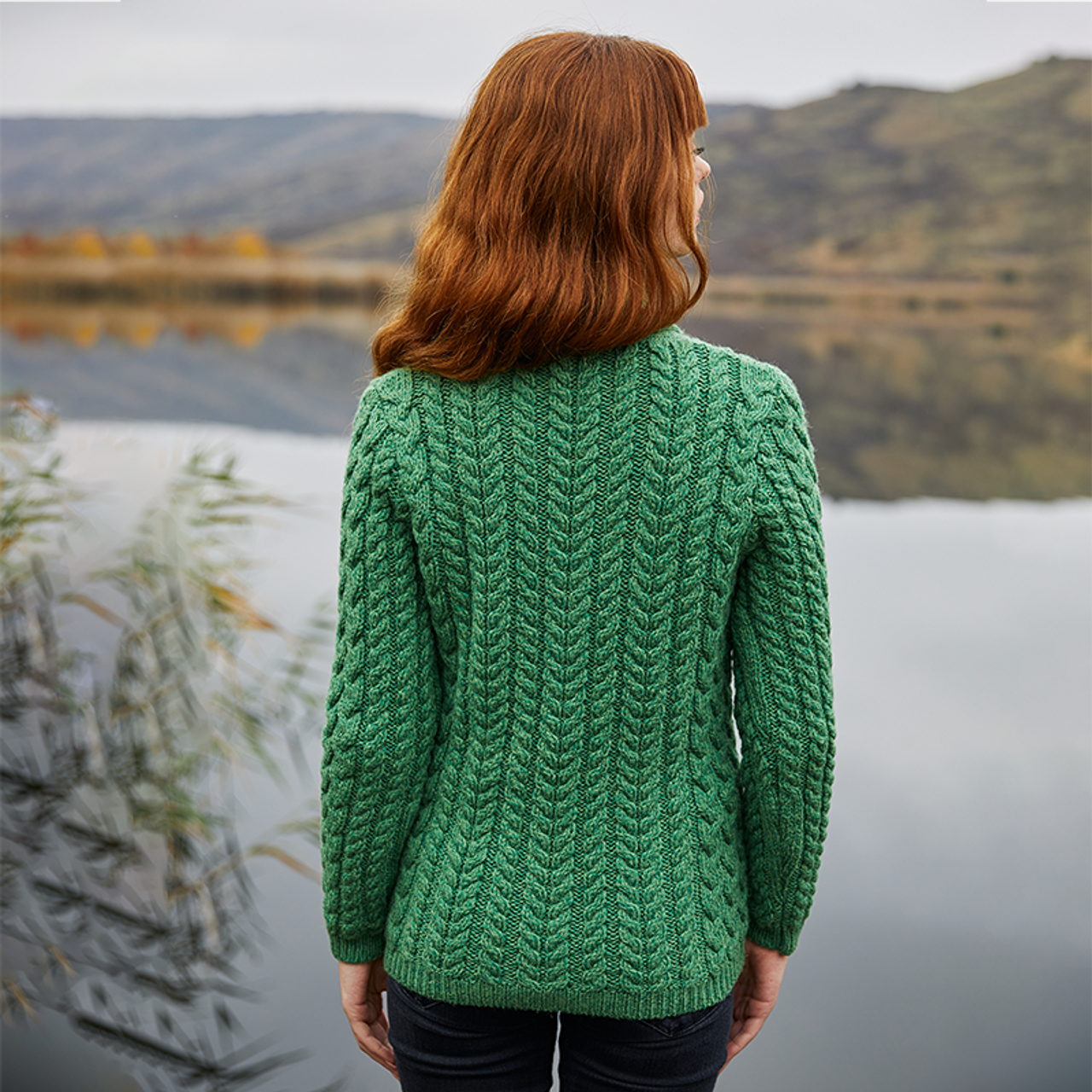 Aran Ladies Shawl Neck Cardigan