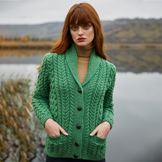 Aran Ladies Shawl Neck Cardigan