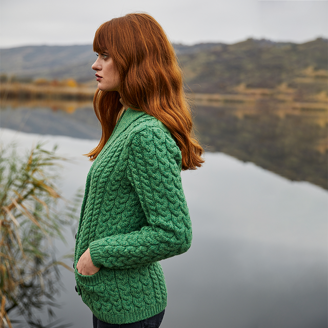 Aran Ladies Shawl Neck Cardigan