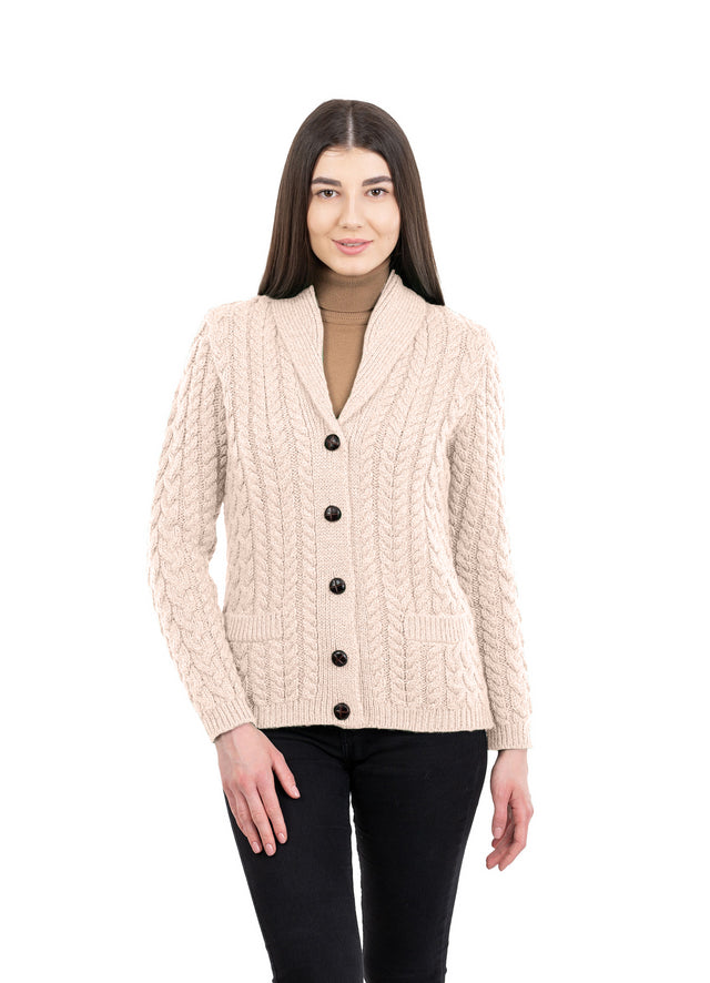 Aran Ladies Shawl Neck Cardigan