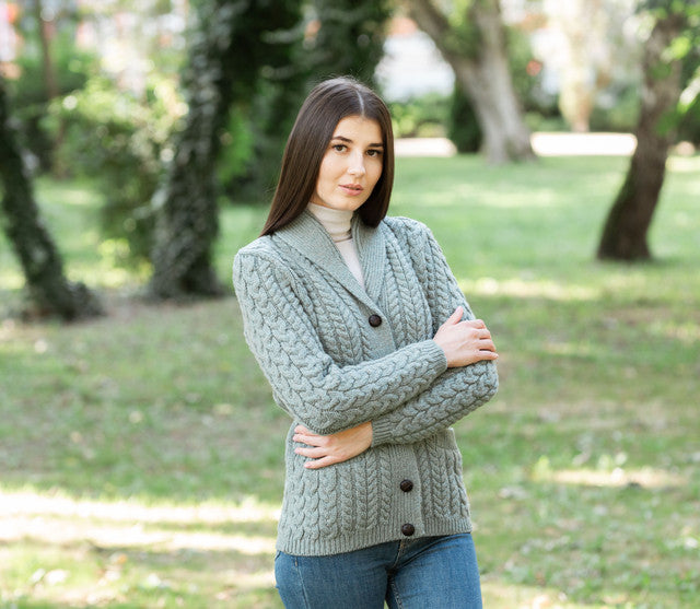 Aran Ladies Shawl Neck Cardigan