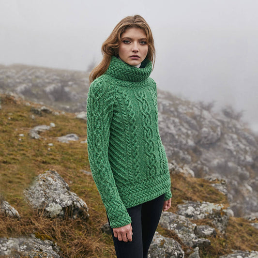 Aran Fisherman Wool Funnel Neck Sweater