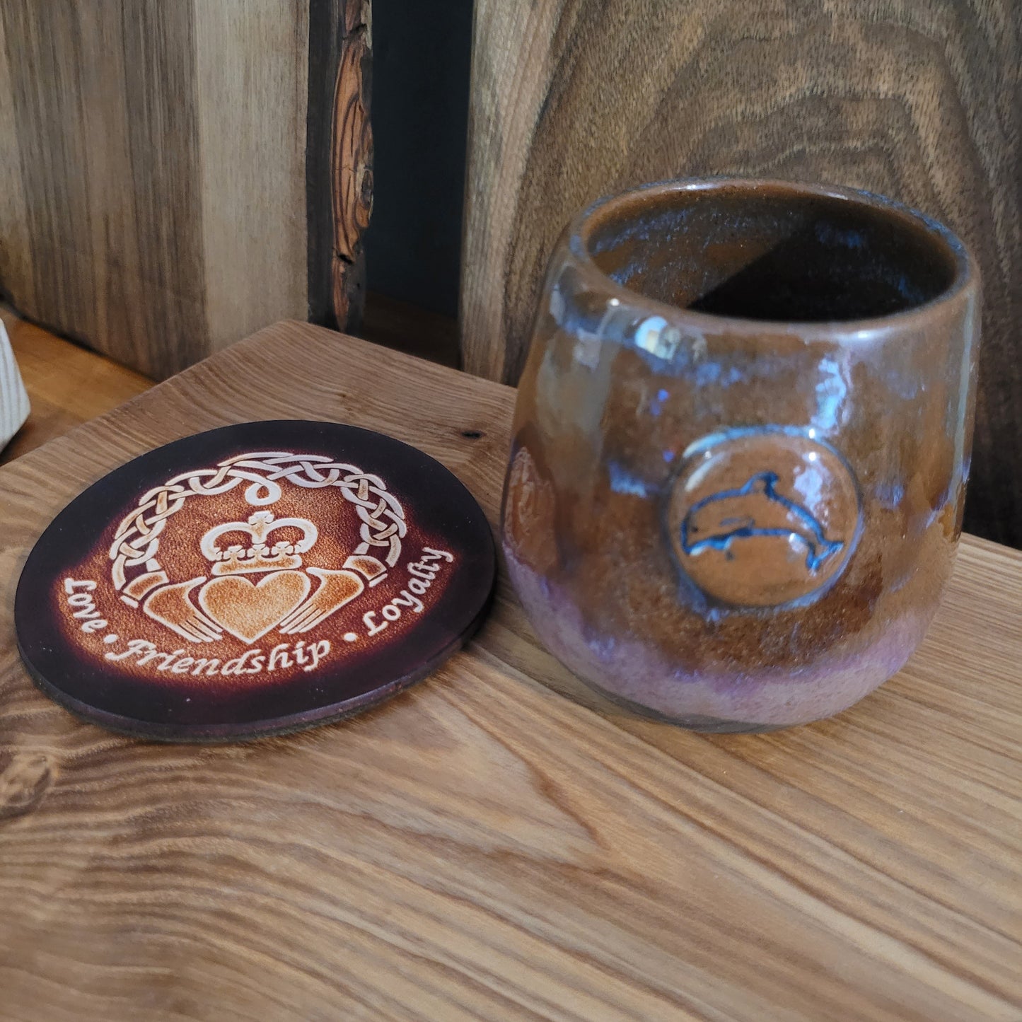 Bryn Awen - Ceramic mug & leather coaster set