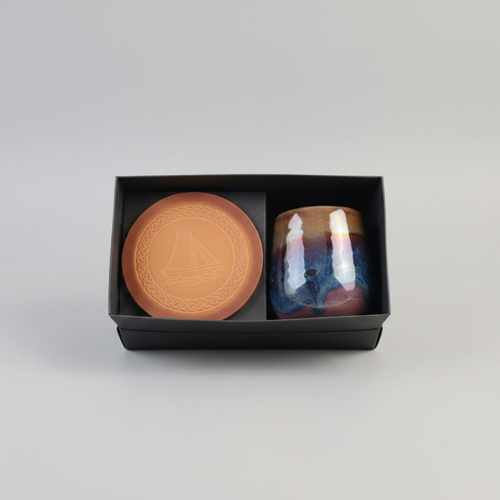 Bryn Awen - Ceramic mug & leather coaster set