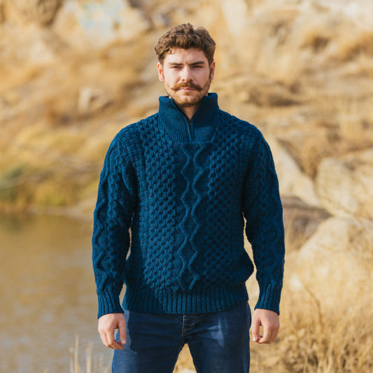 Mens Aran Wool Half Zip Sweater