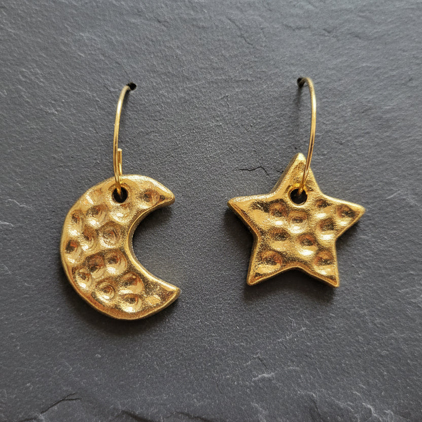 Gold Textured Star & moon earrings - Danú